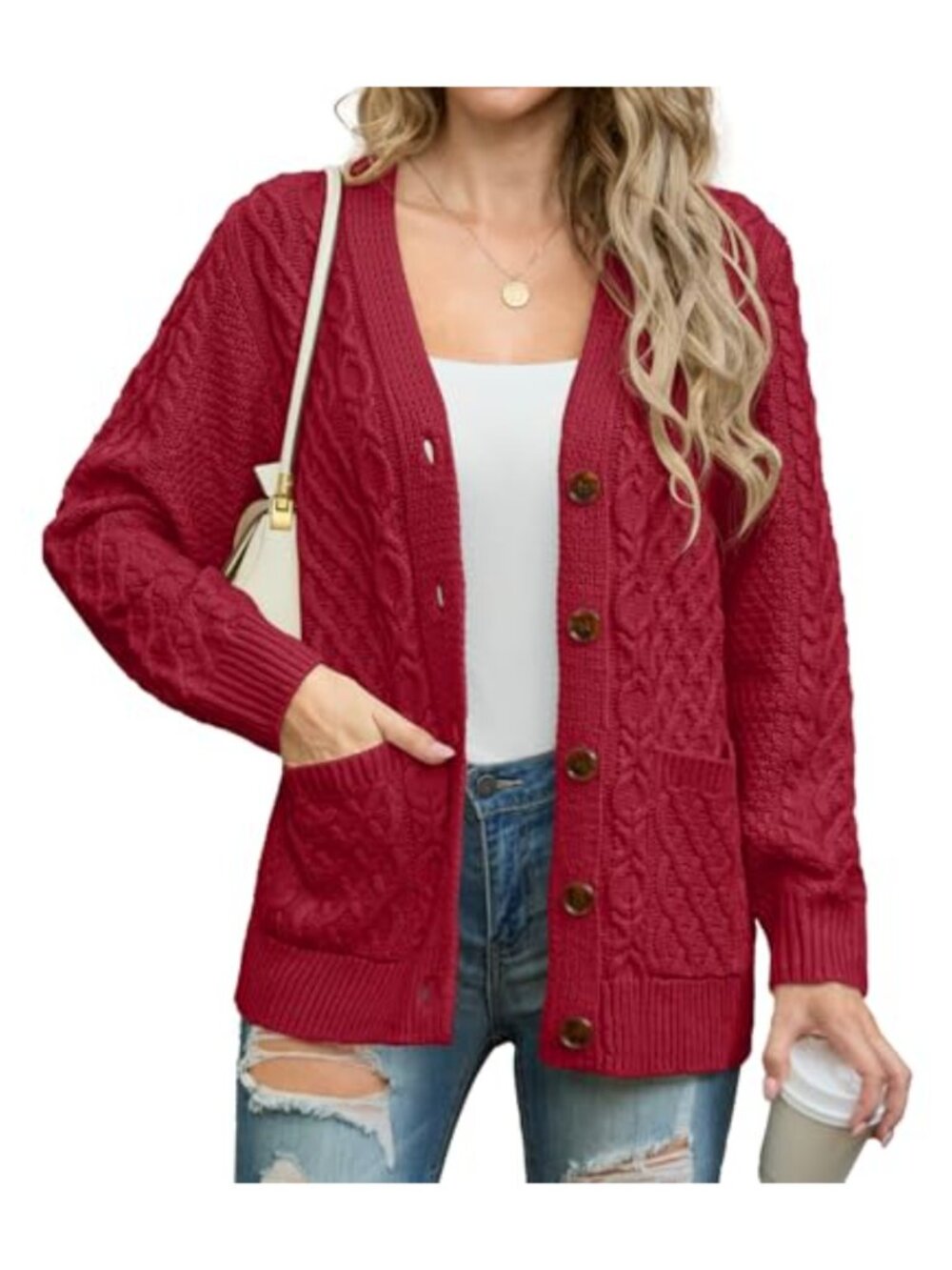 Cable Knit Cardigan Open Front Button Down Long Sleeve Pockets